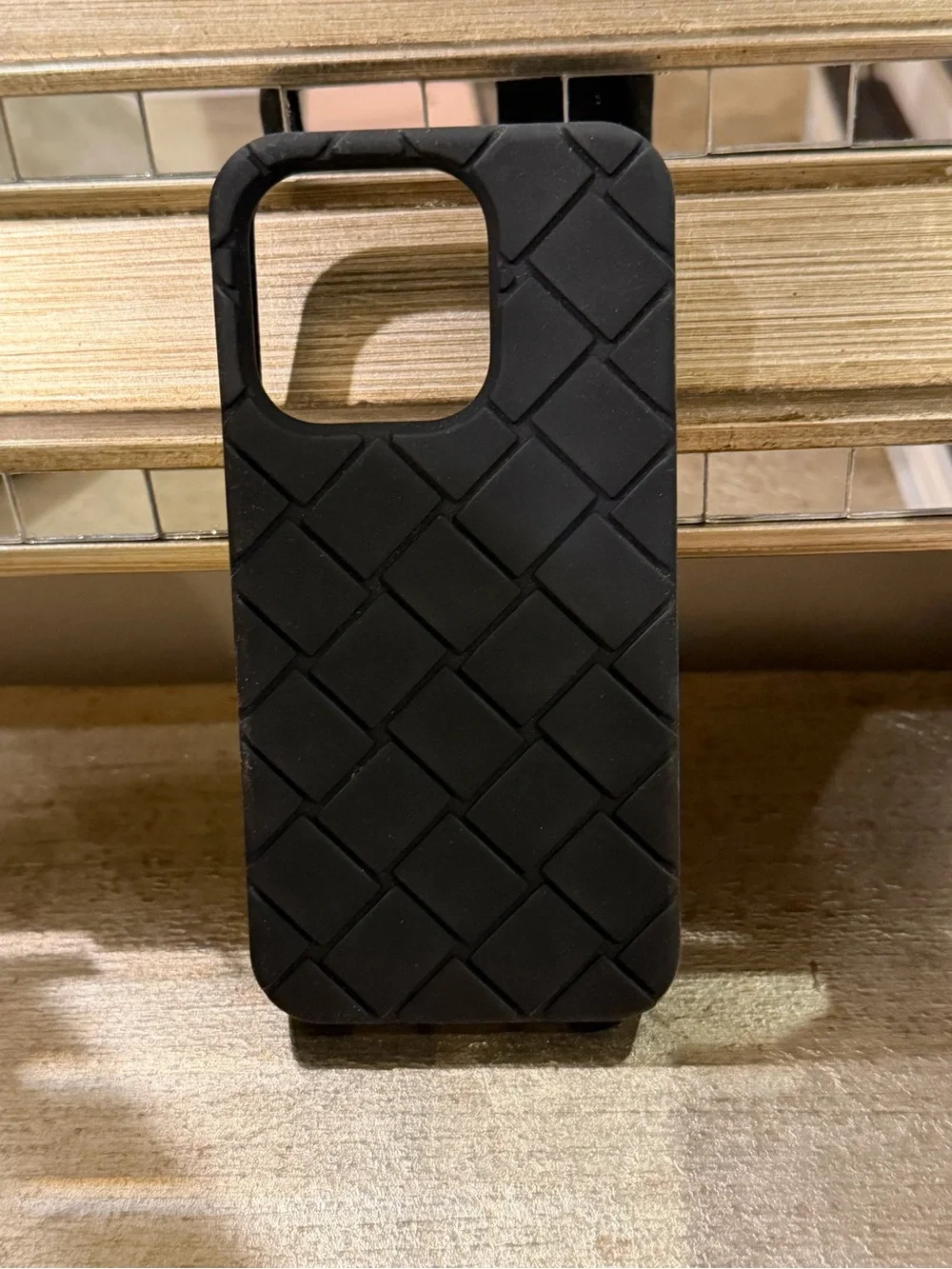 Bottega Veneta Black Woven-Texture Phone Case NEW